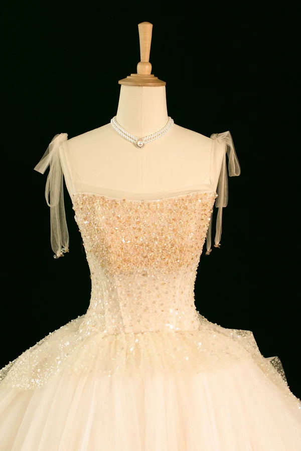 Wholesale Champagne Tulle Beaded Long Prom Dress A-Line Evening Party Dress